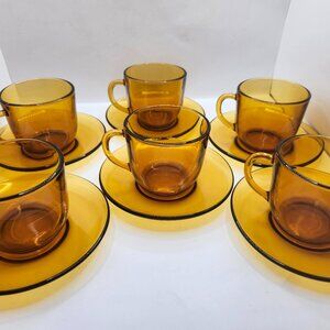Vintage Set of 6 Vereco France Amber Colored Coffee Cups with Saucer Sets
